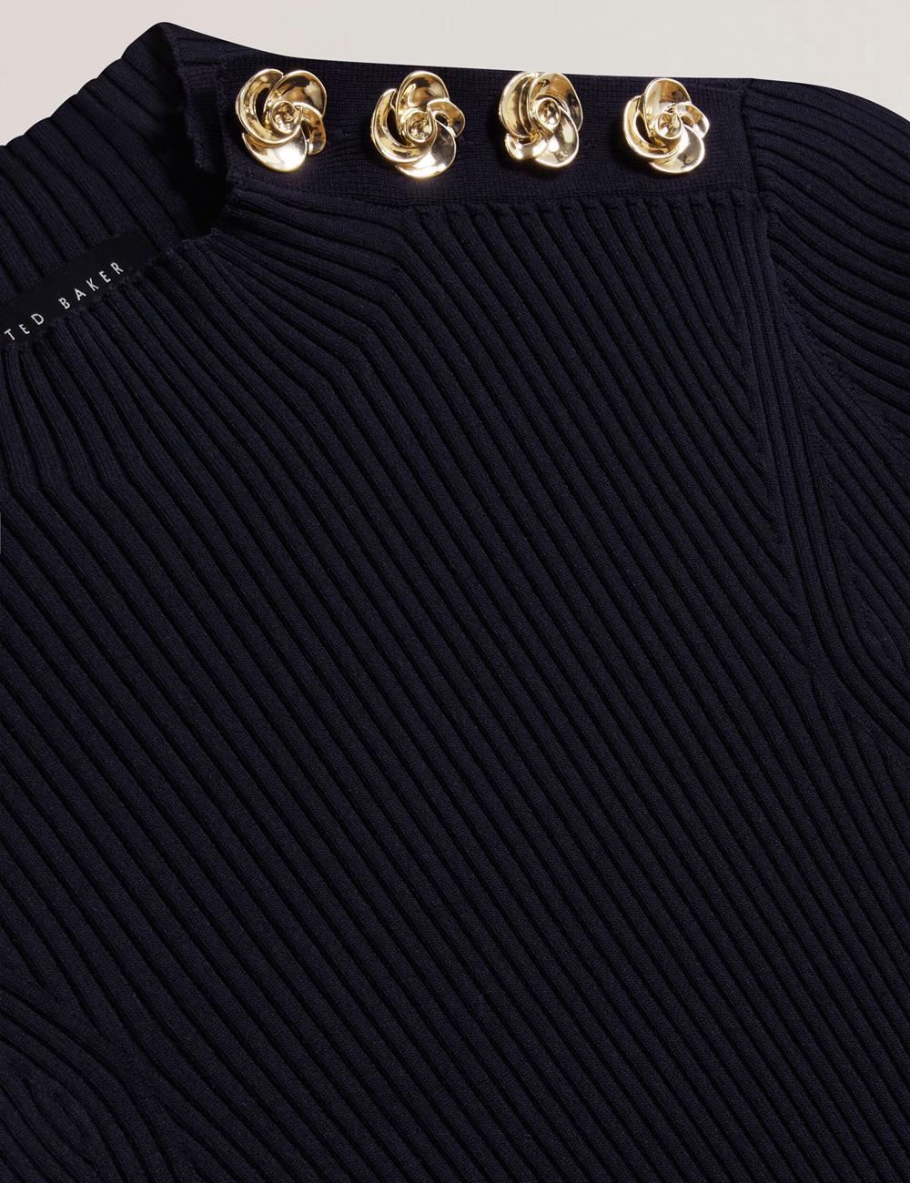 Navy Ted Baker EELIIA - Ribbed Knit Short Sleeve With Rose Buttons Women Tops | Canada  KSN-037856