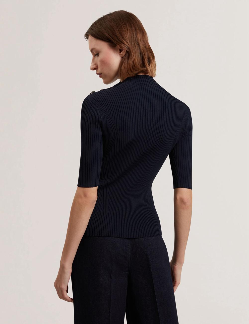 Navy Ted Baker EELIIA - Ribbed Knit Short Sleeve With Rose Buttons Women Tops | Canada  KSN-037856