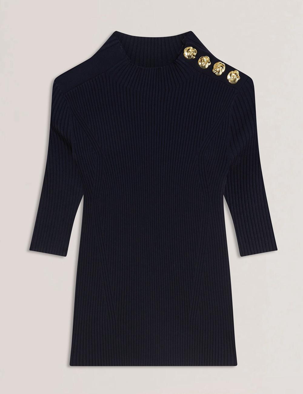 Navy Ted Baker EELIIA - Ribbed Knit Short Sleeve With Rose Buttons Women Tops | Canada  KSN-037856
