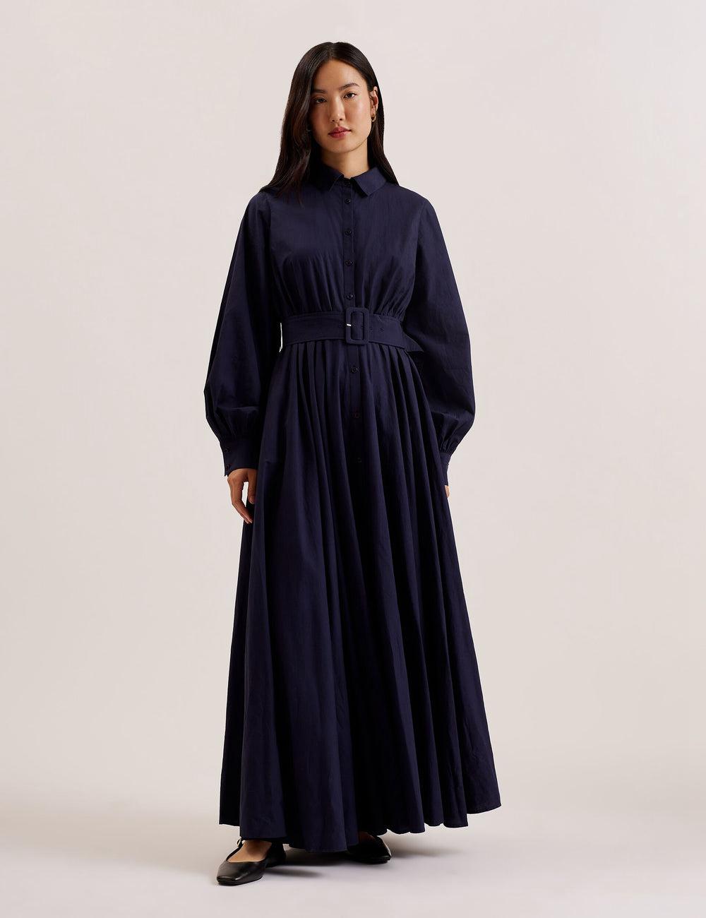 Navy Ted Baker ENE - Cotton Maxi Shirt Dress With Belt Women Maxi Dresses | Canada  JXW-195247