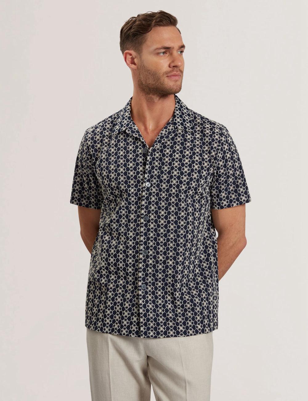 Navy Ted Baker FINLAYS - Short Sleeve Relaxed Embroidered Men Casual Shirts | Canada  XMT-275931