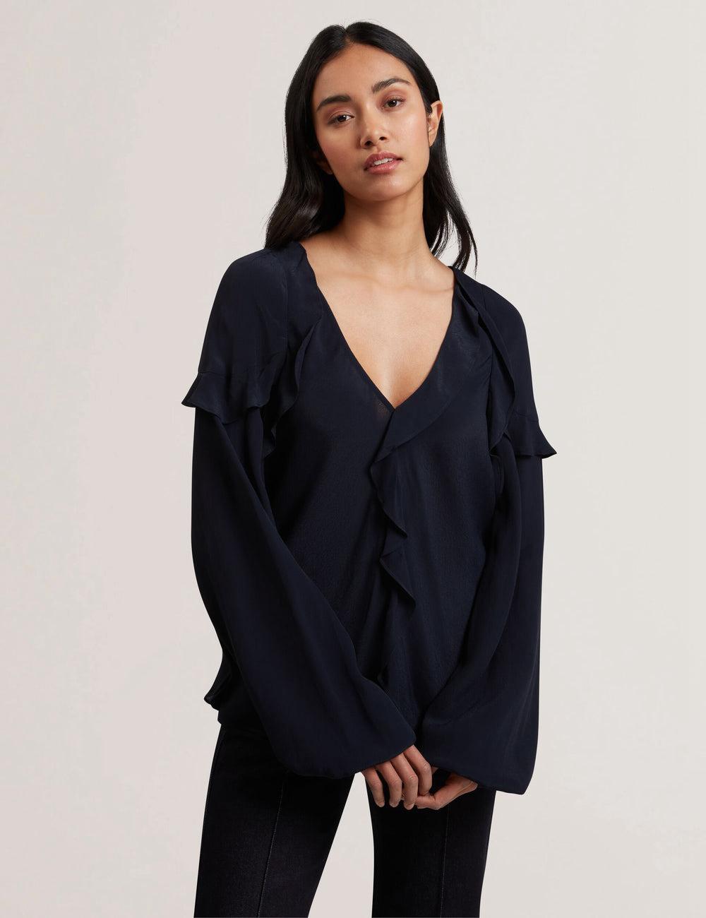 Navy Ted Baker KAYFA - Waterfall Ruffle Trim Long Sleeve Women Blouses | Canada  RDU-293016