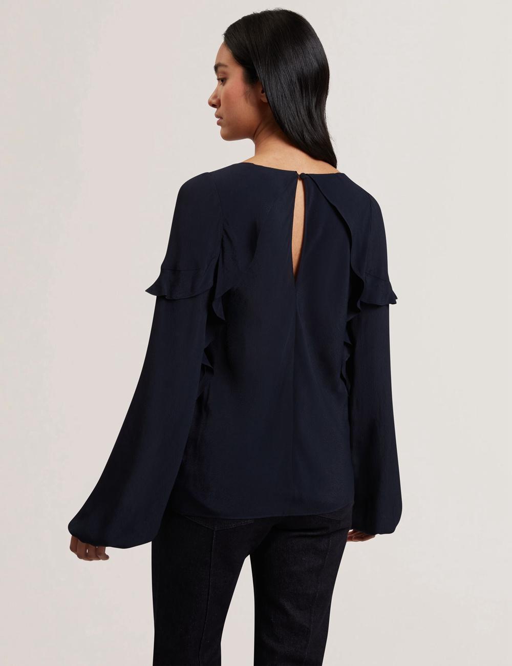 Navy Ted Baker KAYFA - Waterfall Ruffle Trim Long Sleeve Women Blouses | Canada  RDU-293016