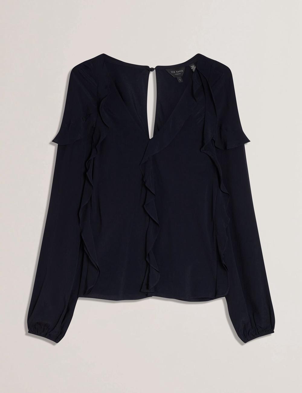 Navy Ted Baker KAYFA - Waterfall Ruffle Trim Long Sleeve Women Blouses | Canada  RDU-293016