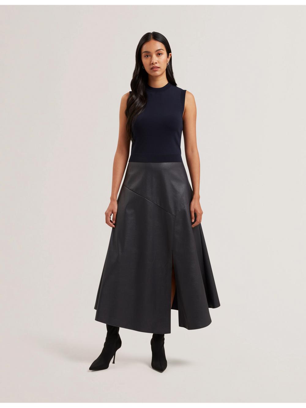 Navy Ted Baker LABASA - Sleeveless Knit Faux Leather Women Midi Dresses | Canada  WUR-192350