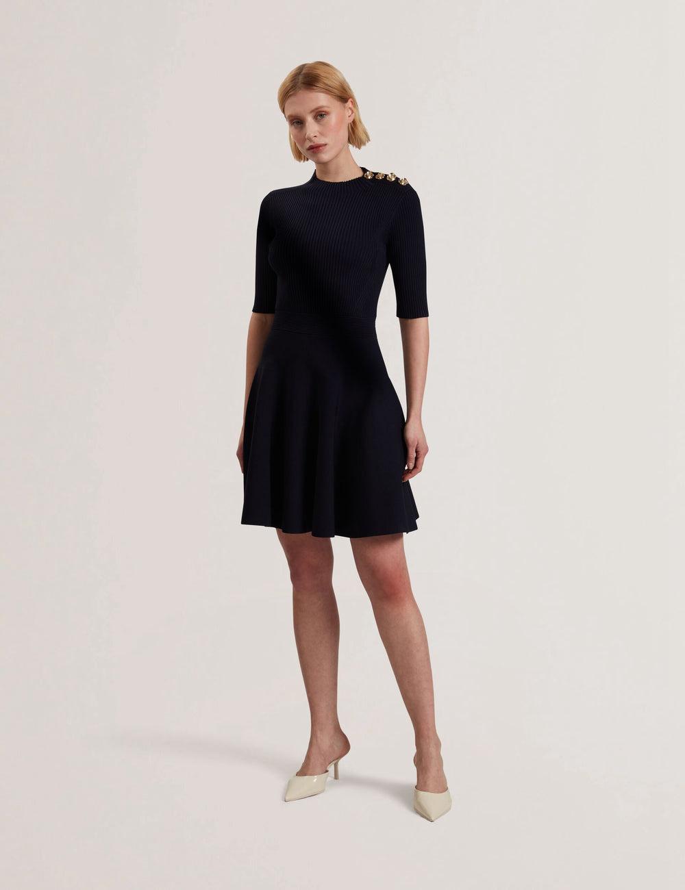 Navy Ted Baker LILANO - Ribbed Knit Skater With Rose Buttons Women Mini Dresses | Canada  MFH-071953