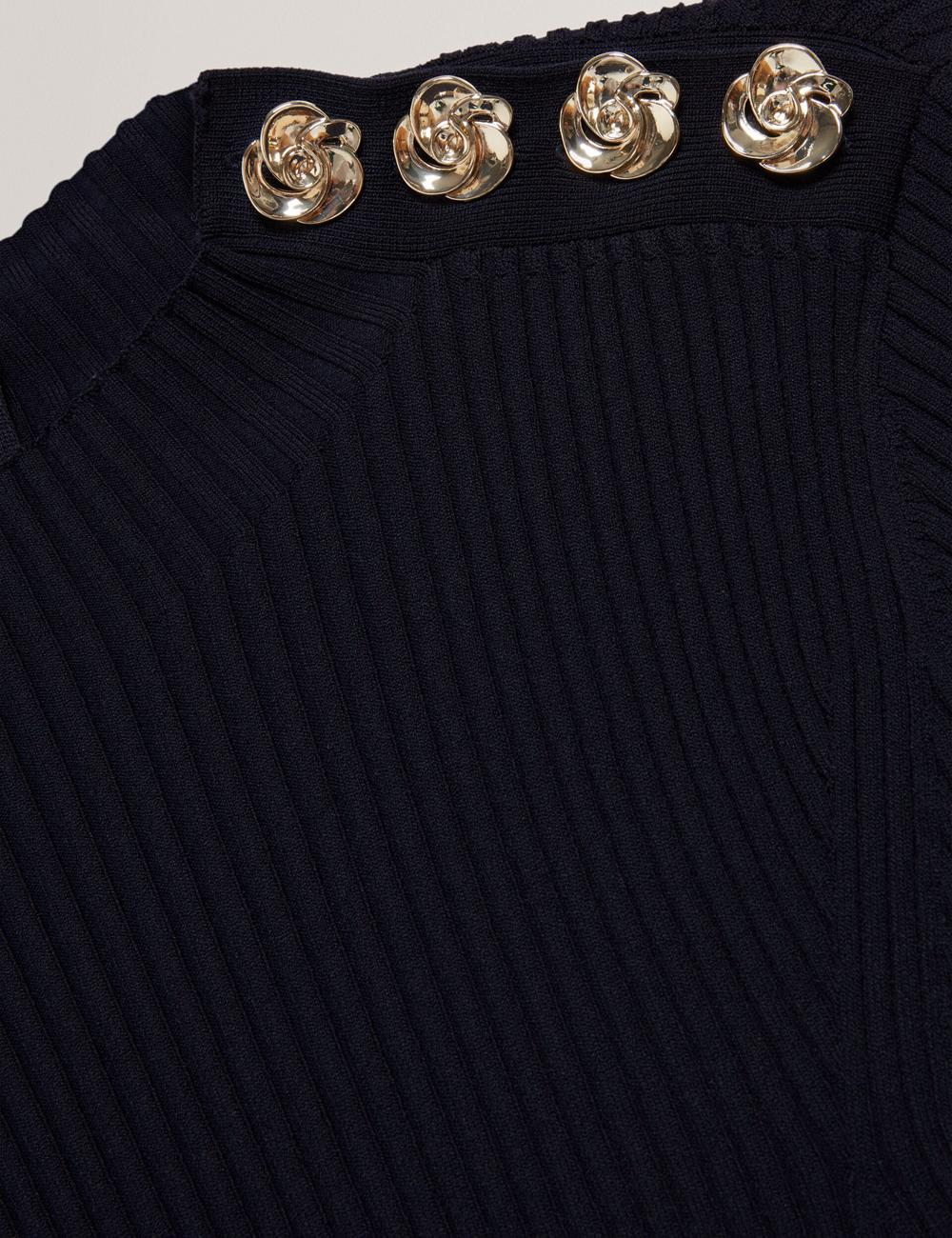 Navy Ted Baker LILANO - Ribbed Knit Skater With Rose Buttons Women Mini Dresses | Canada  MFH-071953