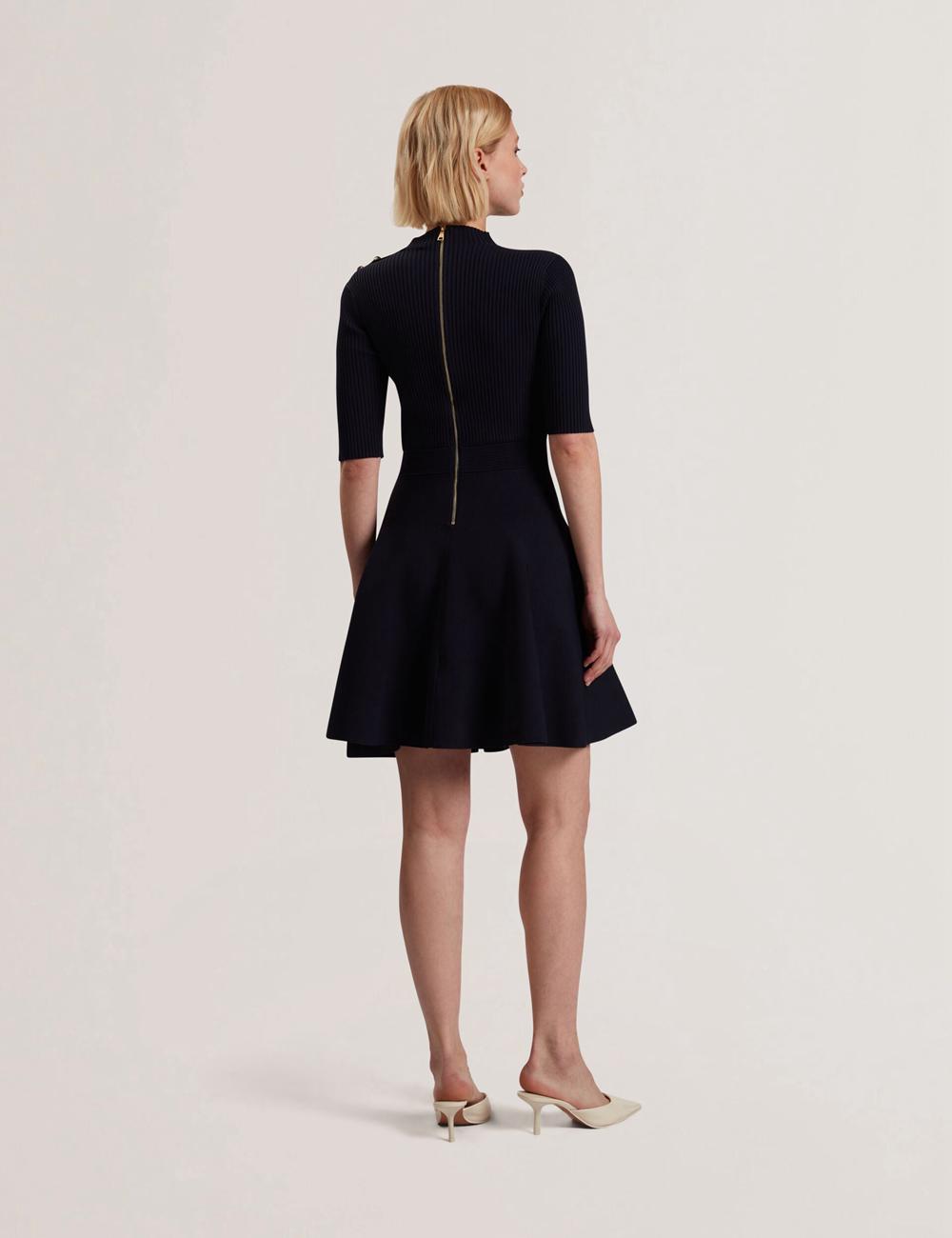 Navy Ted Baker LILANO - Ribbed Knit Skater With Rose Buttons Women Mini Dresses | Canada  MFH-071953