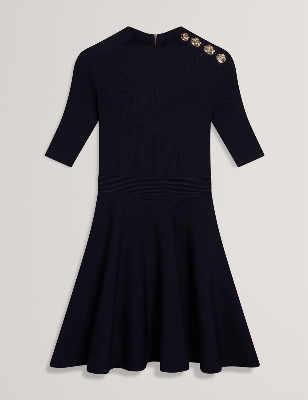 Navy Ted Baker LILANO - Ribbed Knit Skater With Rose Buttons Women Mini Dresses | Canada  MFH-071953