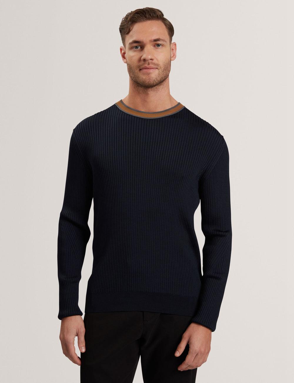 Navy Ted Baker NAYOR - Long Sleeve Rayon Ribbed Crew Neck Men Jumpers | Canada  XDE-640519