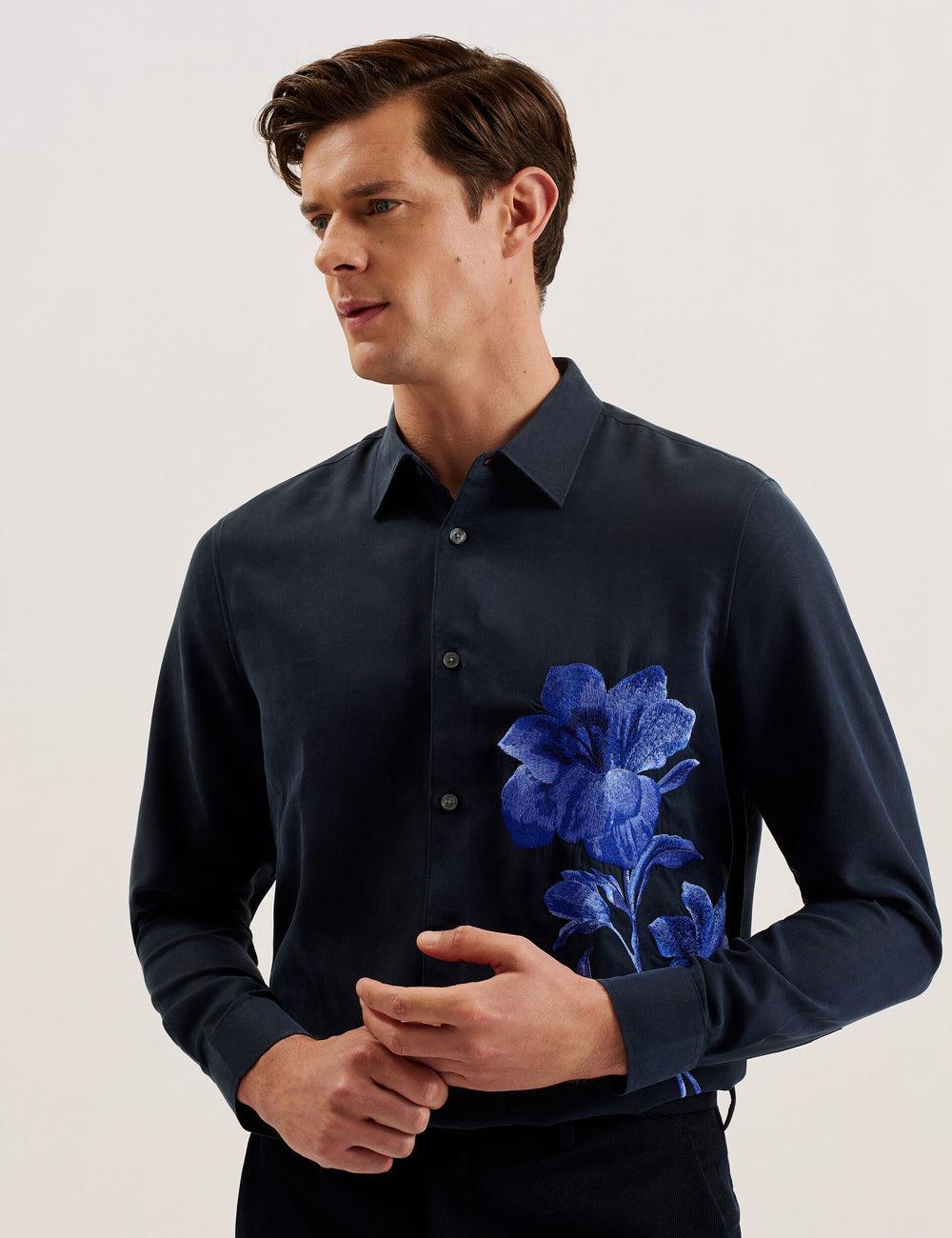 Navy Ted Baker NESSMEN - Embroidered Detail Relaxed Fit Men Casual Shirts | Canada  XGP-180345