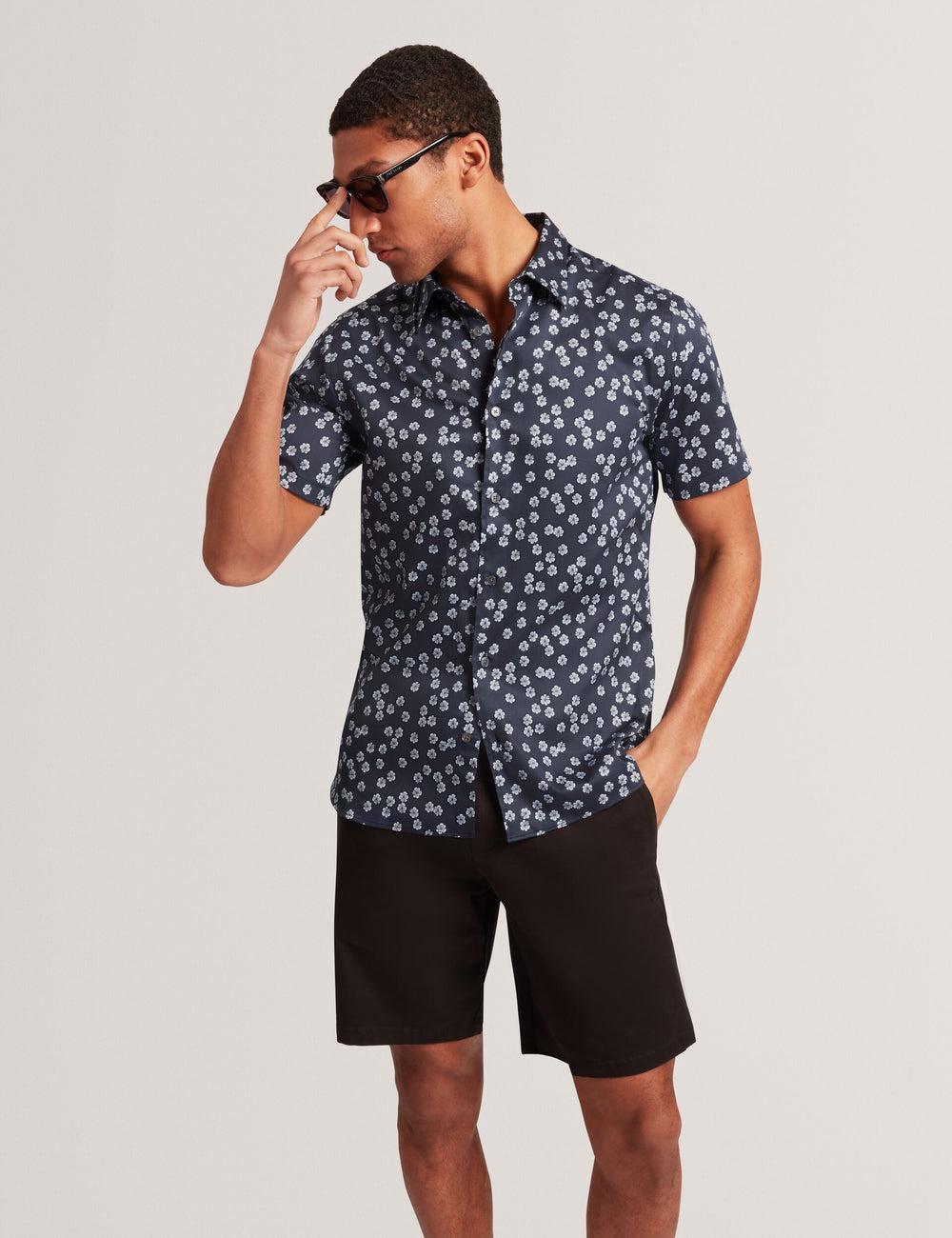 Navy Ted Baker NIKSHO - Short Sleeve Slim Ditsy Floral Men Casual Shirts | Canada  OZM-896205