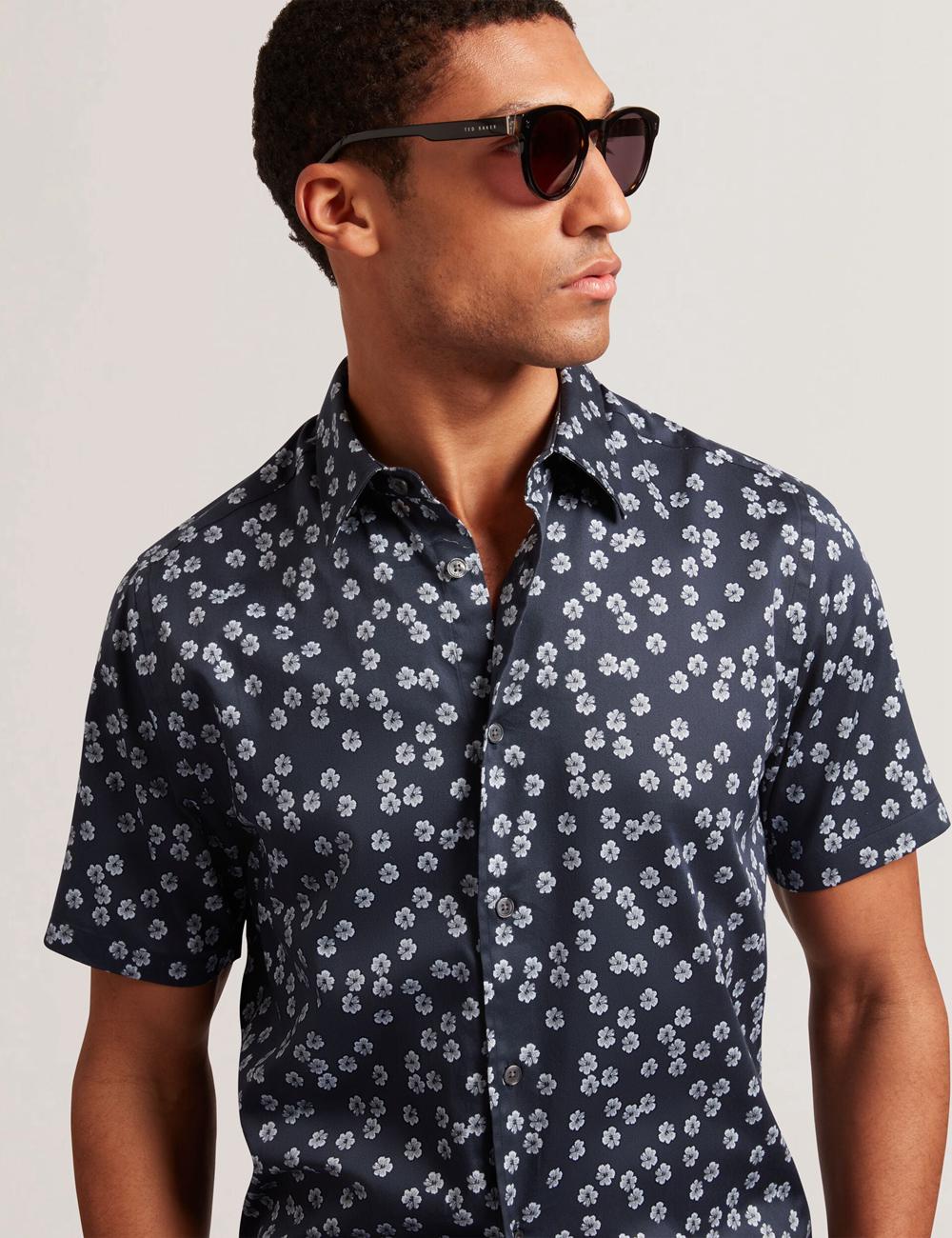 Navy Ted Baker NIKSHO - Short Sleeve Slim Ditsy Floral Men Casual Shirts | Canada  OZM-896205