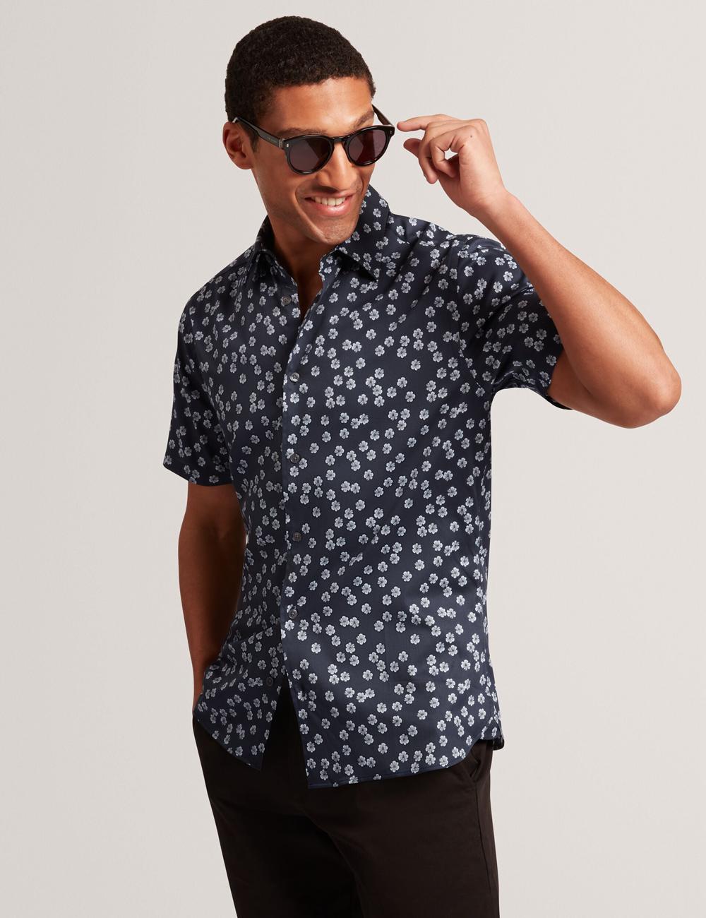 Navy Ted Baker NIKSHO - Short Sleeve Slim Ditsy Floral Men Casual Shirts | Canada  OZM-896205