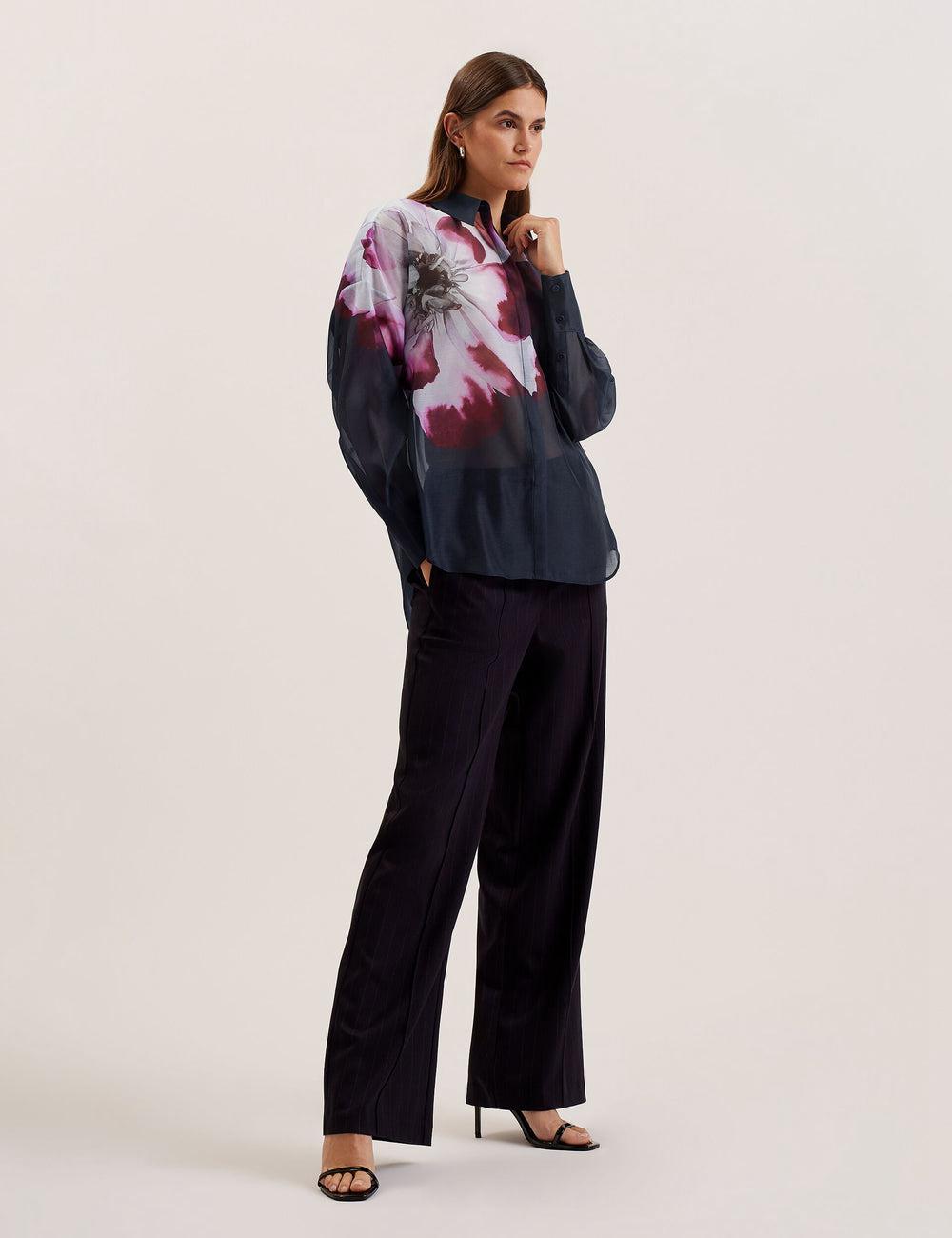 Navy Ted Baker ORRIN - Floral Sheer Organza Oversized Women Casual Shirts | Canada  OAC-510832