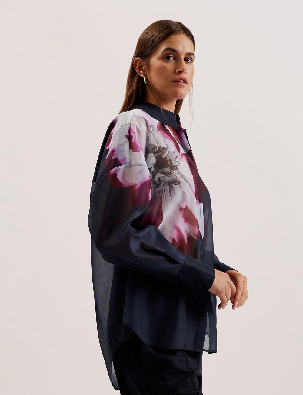 Navy Ted Baker ORRIN - Floral Sheer Organza Oversized Women Casual Shirts | Canada  OAC-510832