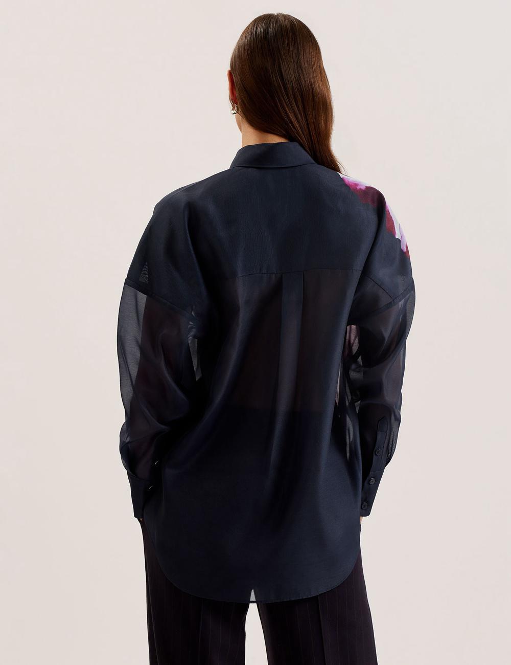 Navy Ted Baker ORRIN - Floral Sheer Organza Oversized Women Casual Shirts | Canada  OAC-510832