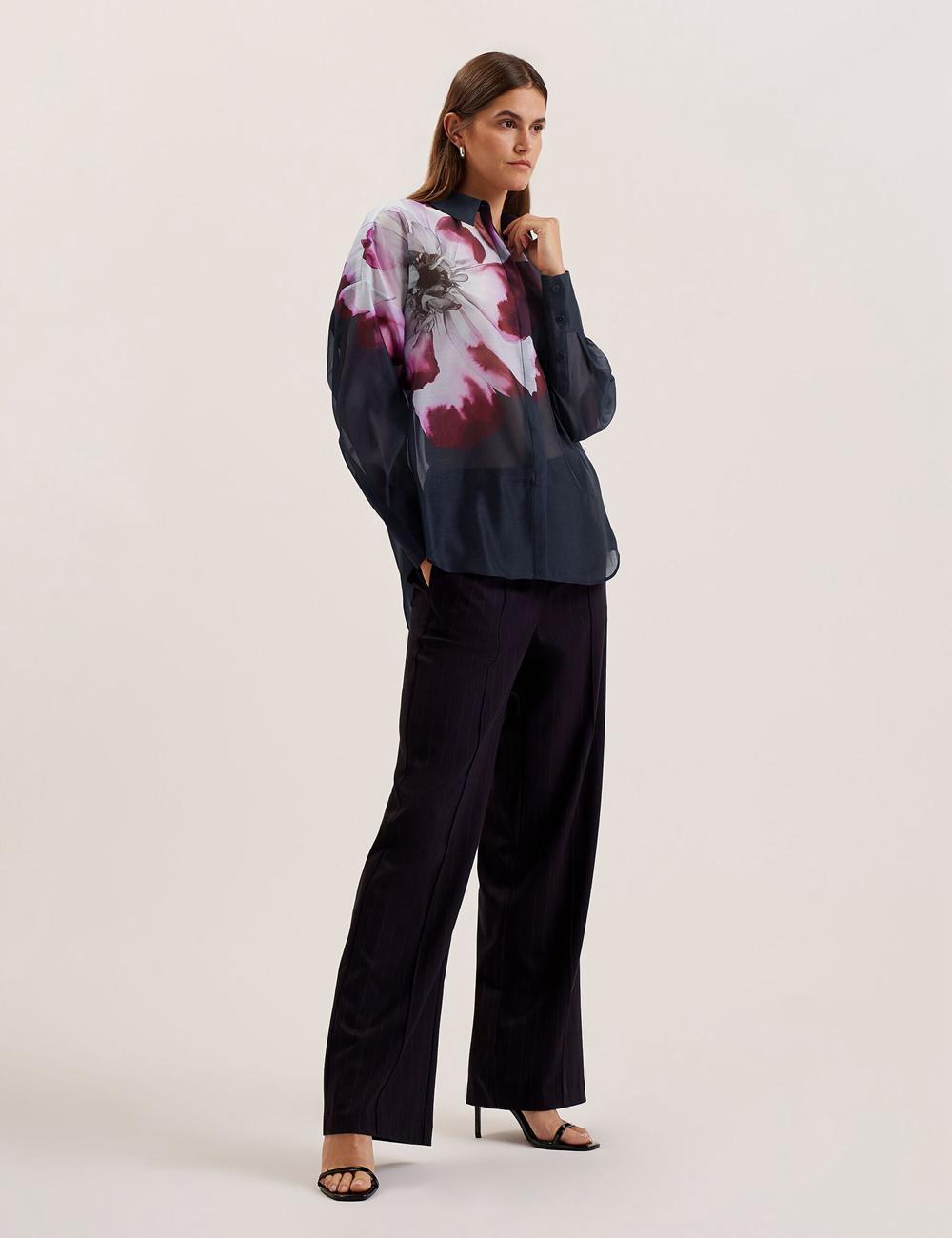 Navy Ted Baker ORRIN - Floral Sheer Organza Oversized Women Casual Shirts | Canada  OAC-510832