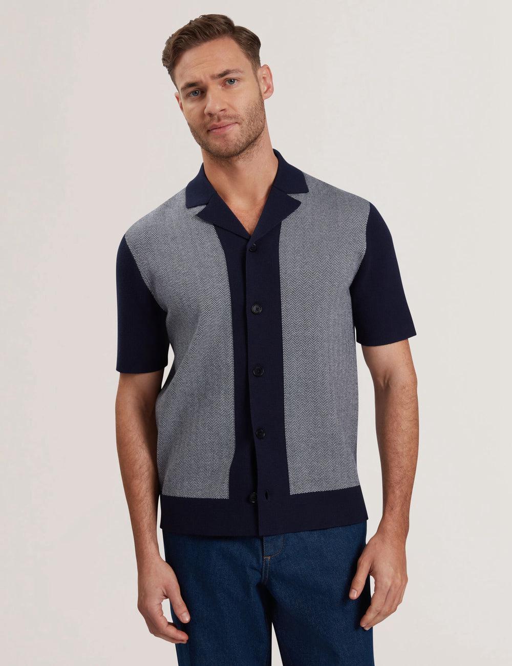 Navy Ted Baker PADRIG - Herringbone Knit Colour Block Short Sleeve Men Casual Shirts | Canada  BQD-479251