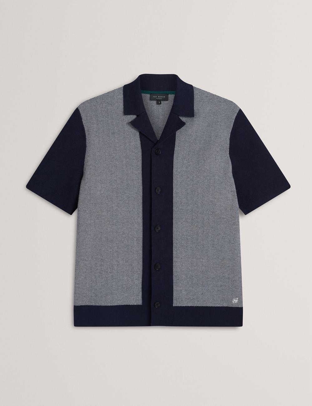 Navy Ted Baker PADRIG - Herringbone Knit Colour Block Short Sleeve Men Casual Shirts | Canada  BQD-479251