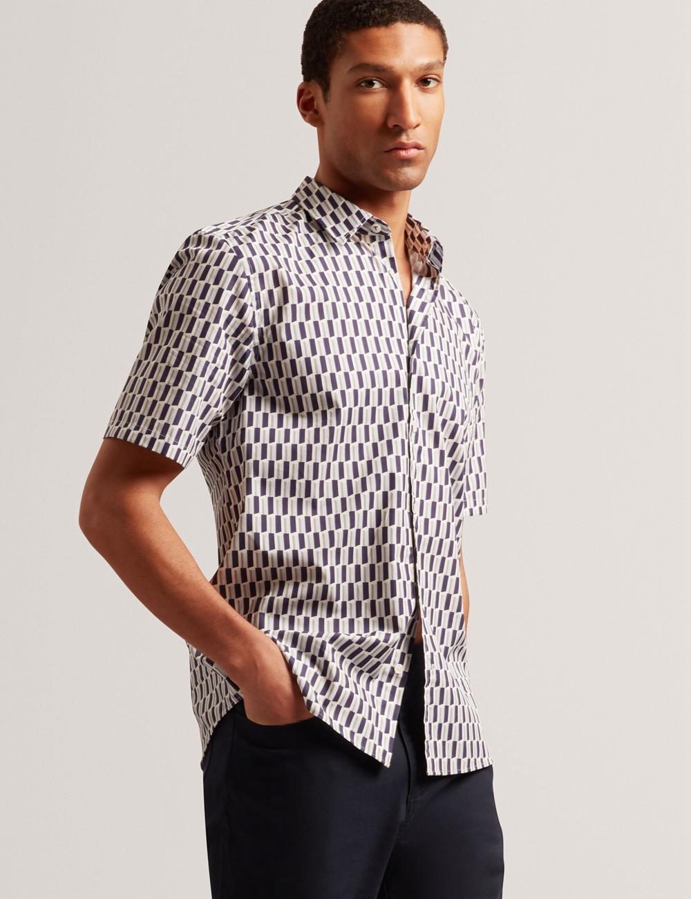 Navy Ted Baker PEARSOS - Geo Print Short Sleeve Cotton Men Casual Shirts | Canada  MDQ-175809
