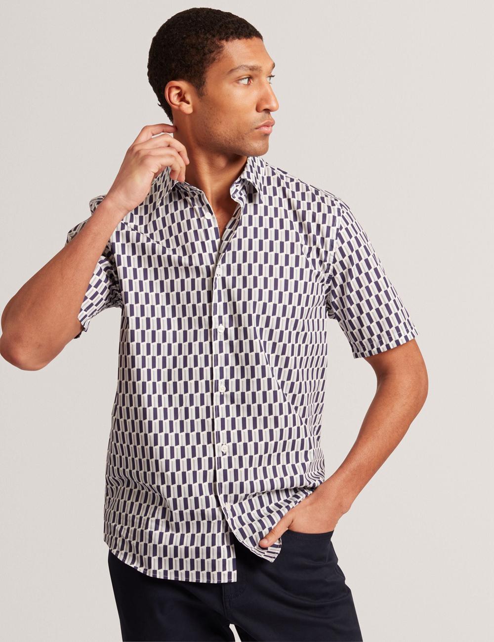 Navy Ted Baker PEARSOS - Geo Print Short Sleeve Cotton Men Casual Shirts | Canada  MDQ-175809