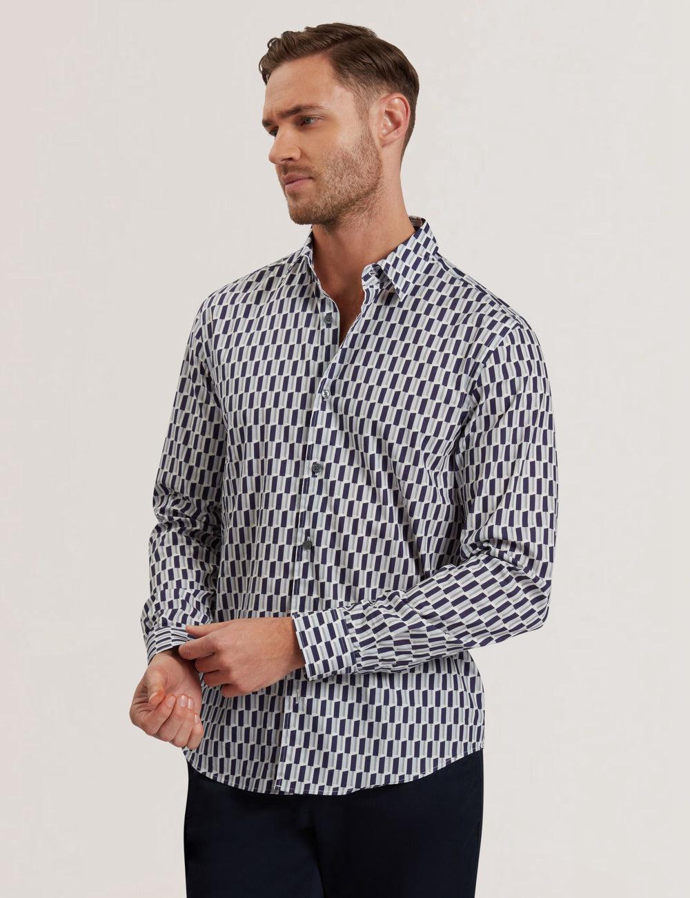 Navy Ted Baker PEARSO - Geometric Stripe Long Sleeve Cotton Men Casual Shirts | Canada  ZOF-185370