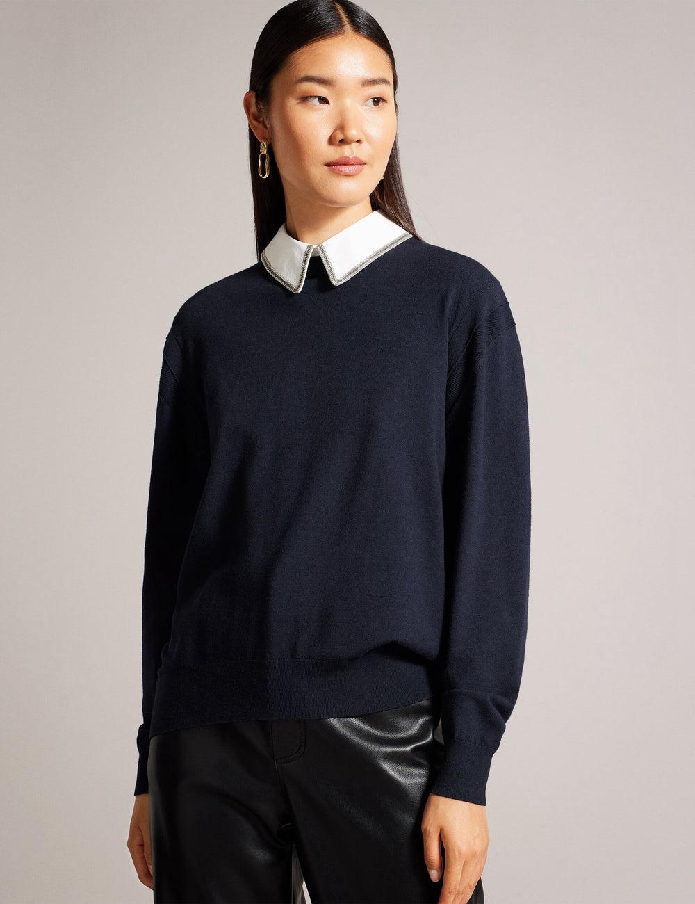 Navy Ted Baker PENNII - Mockable With Embellished Shirt Collar Women Jumpers | Canada  SLF-512860