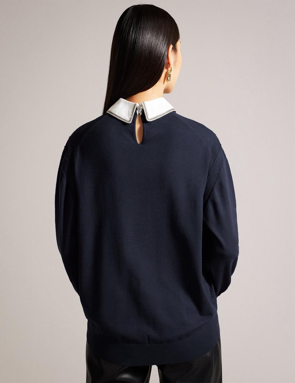 Navy Ted Baker PENNII - Mockable With Embellished Shirt Collar Women Jumpers | Canada  SLF-512860