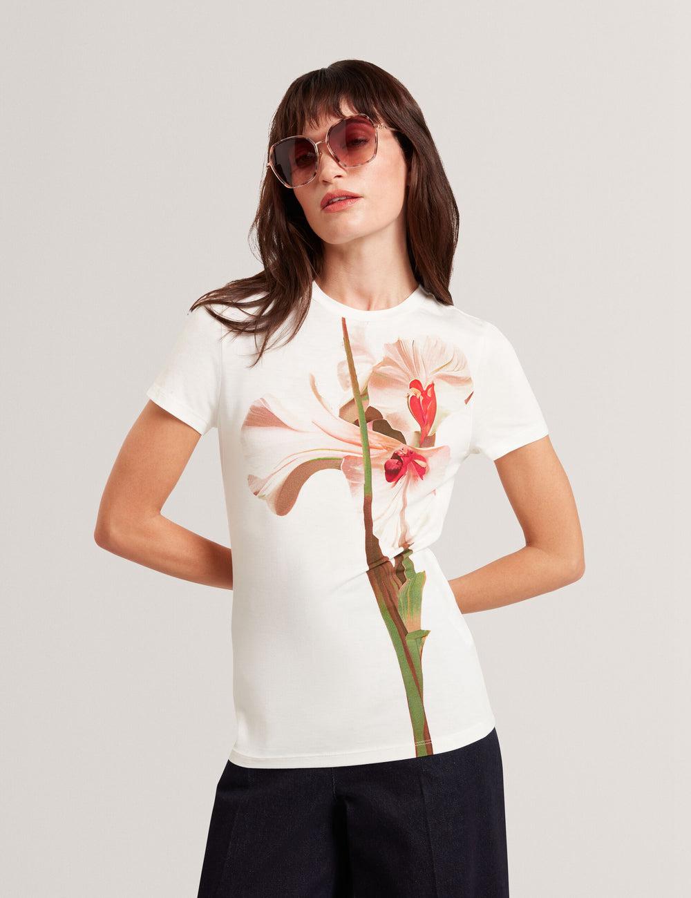 Nude-Pink Ted Baker MEELIEE - Floral Graphic Fitted Crew Neck Women T-Shirts | Canada  JCD-057821