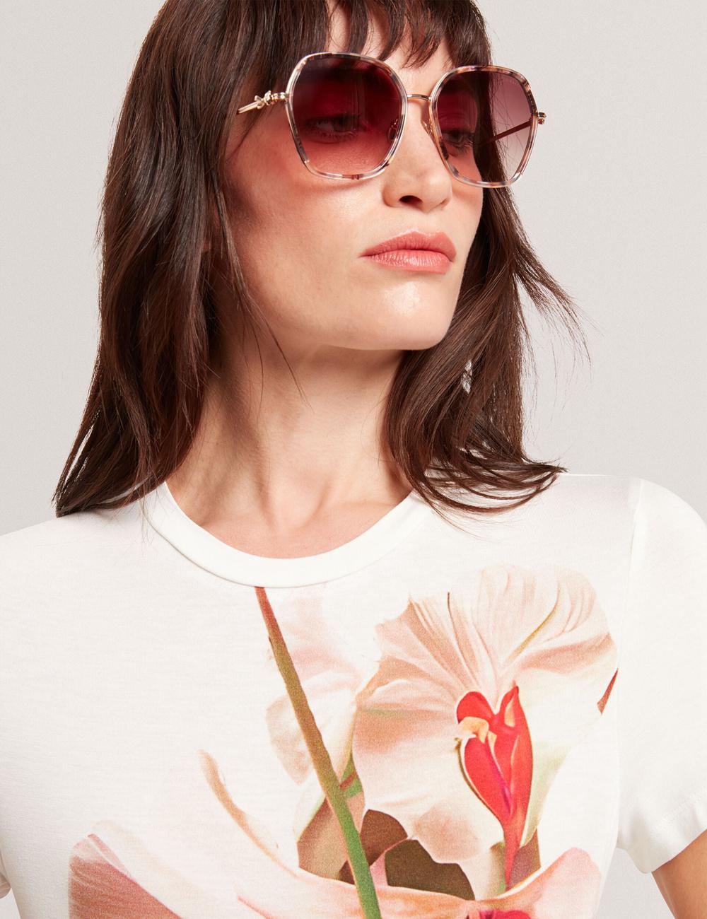 Nude-Pink Ted Baker MEELIEE - Floral Graphic Fitted Crew Neck Women T-Shirts | Canada  JCD-057821