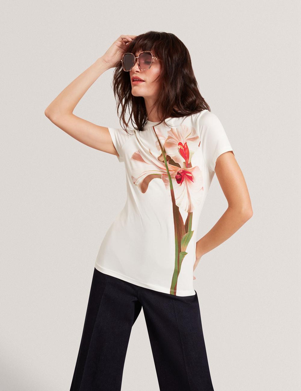 Nude-Pink Ted Baker MEELIEE - Floral Graphic Fitted Crew Neck Women T-Shirts | Canada  JCD-057821
