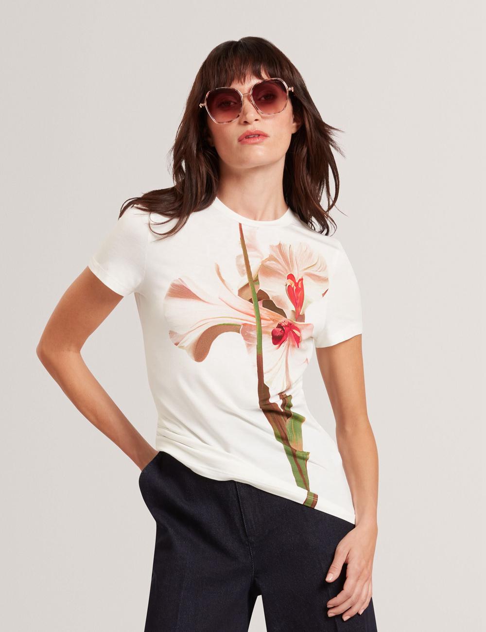 Nude-Pink Ted Baker MEELIEE - Floral Graphic Fitted Crew Neck Women T-Shirts | Canada  JCD-057821