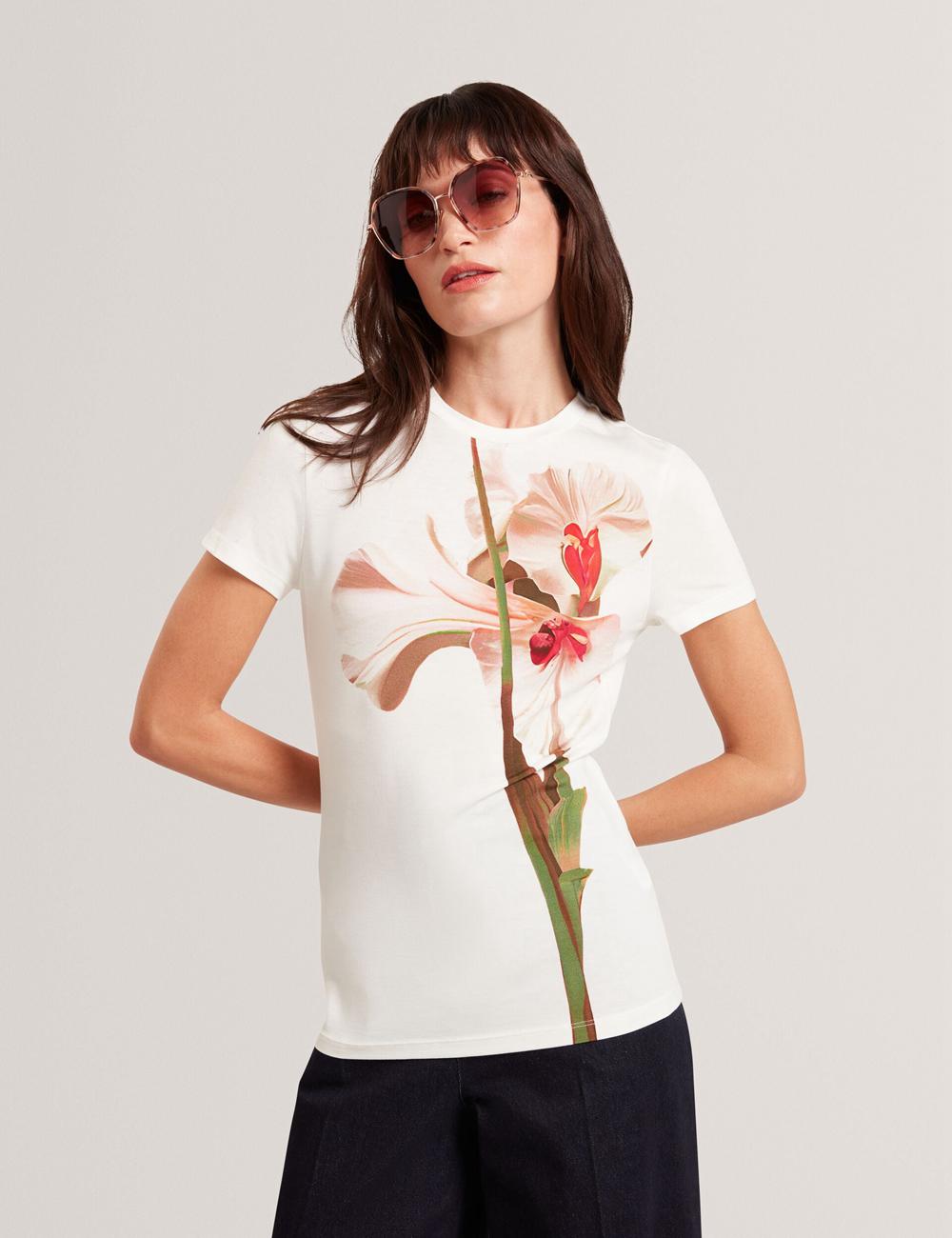 Nude-Pink Ted Baker MEELIEE - Floral Graphic Fitted Crew Neck Women T-Shirts | Canada  JCD-057821