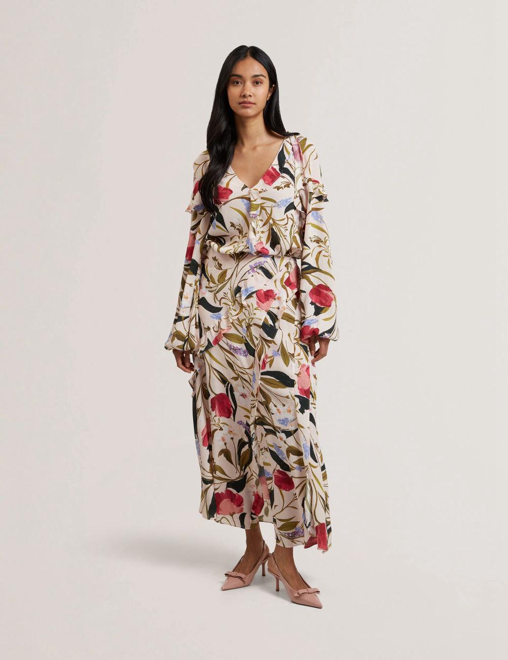 Pink Ted Baker CANDICI - Floral Print Frill Trim With Split Women Midi Skirts | Canada  JES-210849