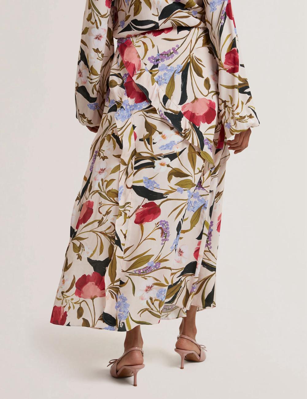 Pink Ted Baker CANDICI - Floral Print Frill Trim With Split Women Midi Skirts | Canada  JES-210849