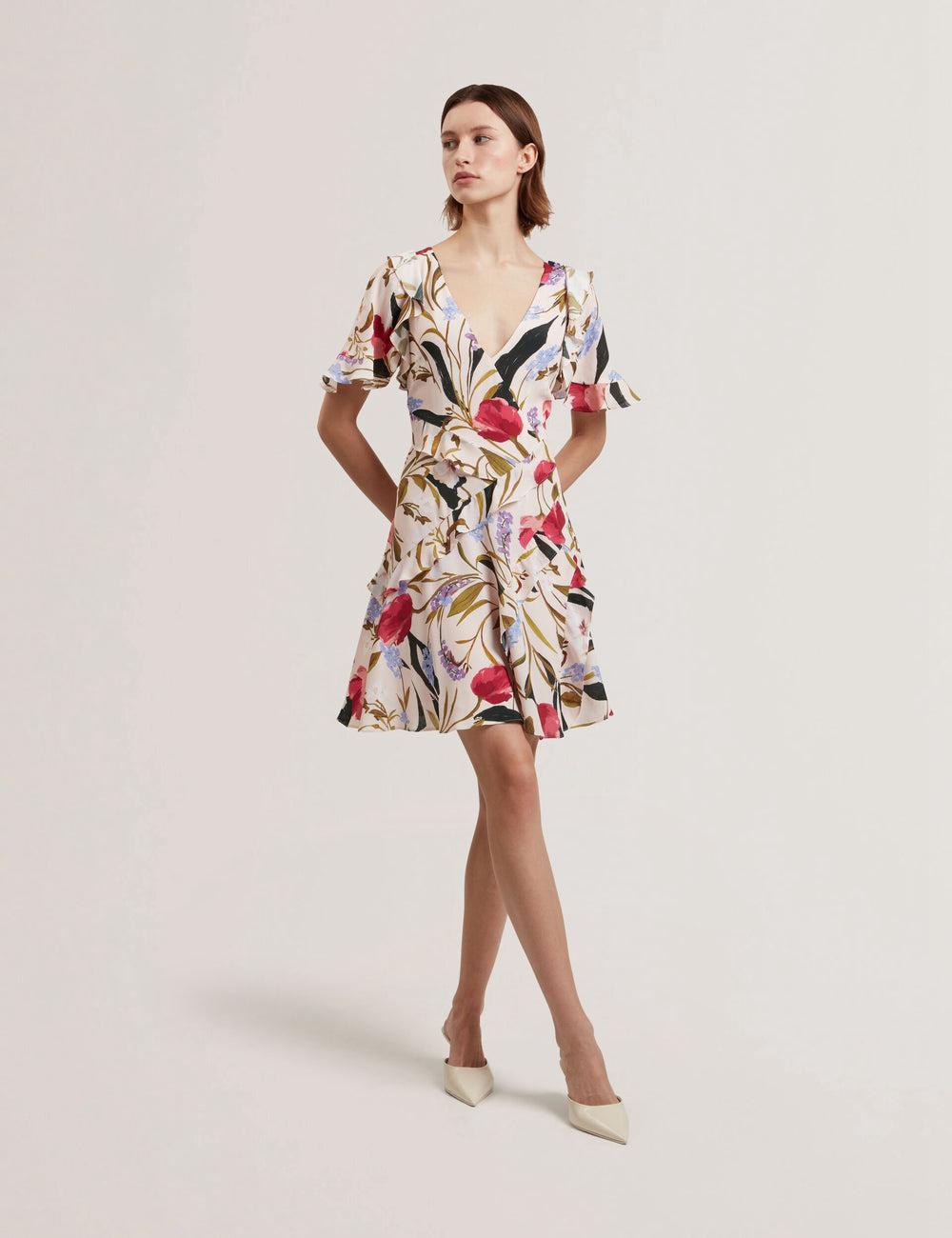 Pink Ted Baker ISSIIA - Frill Trim Floral Short Sleeve Women Mini Dresses | Canada  KTU-420793