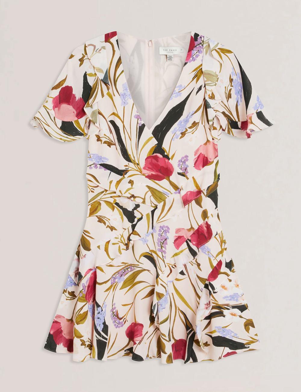 Pink Ted Baker ISSIIA - Frill Trim Floral Short Sleeve Women Mini Dresses | Canada  KTU-420793