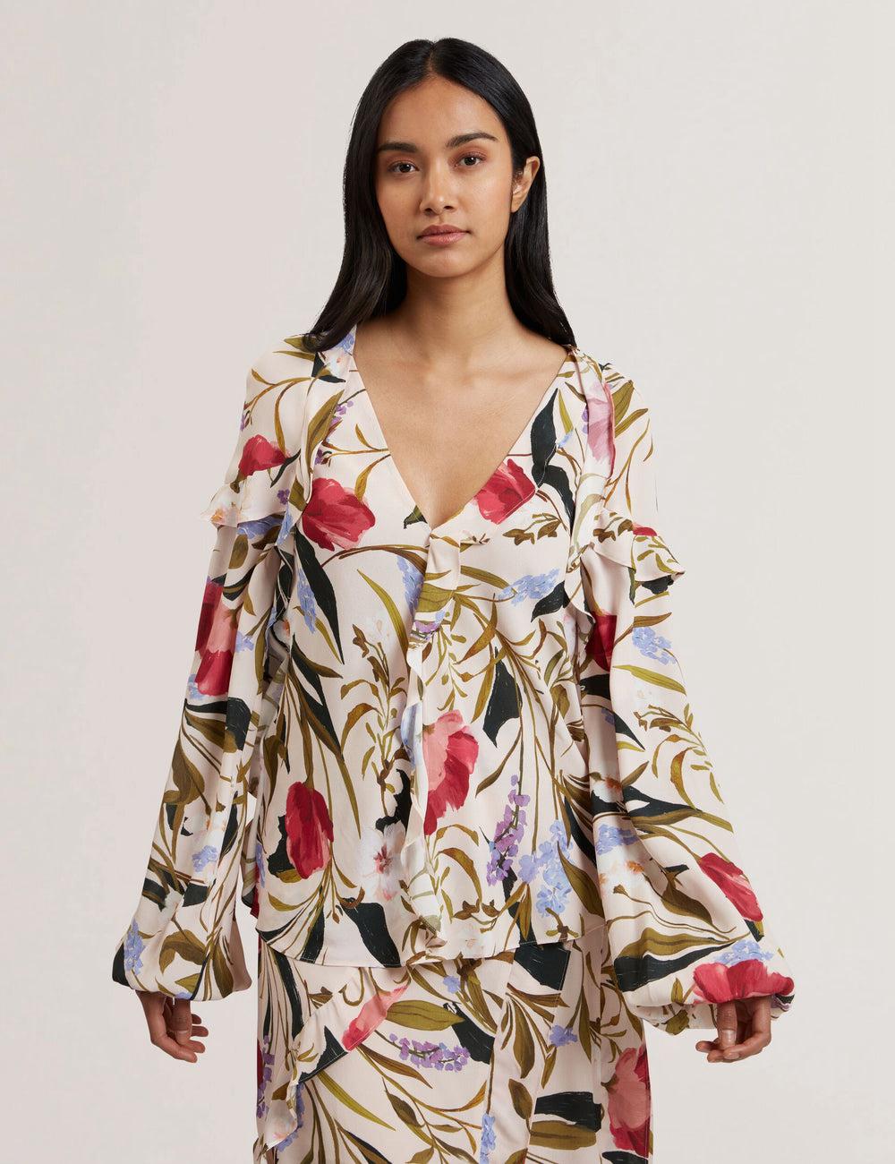 Pink Ted Baker MINASA - Floral Print Frill Trim Long Sleeve Women Blouses | Canada  ZQS-849651