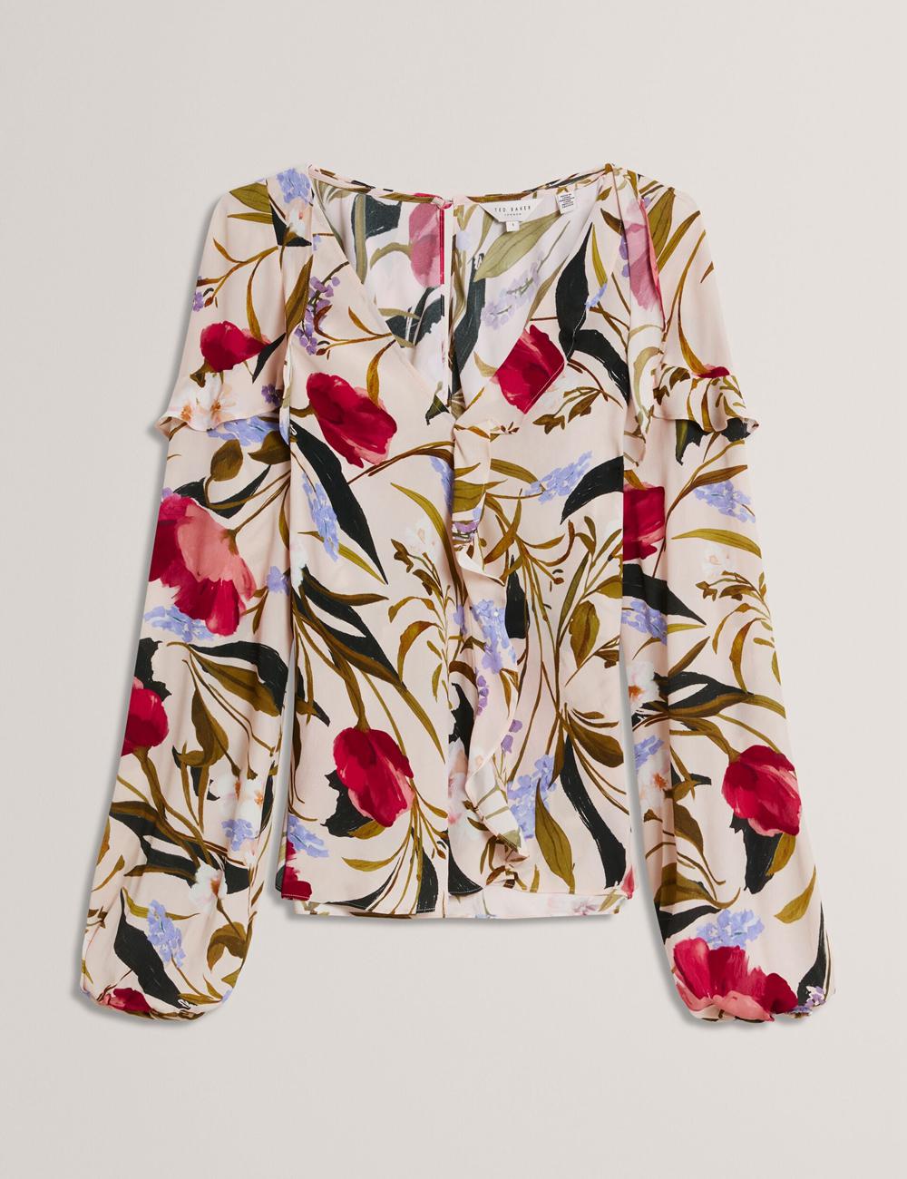 Pink Ted Baker MINASA - Floral Print Frill Trim Long Sleeve Women Blouses | Canada  ZQS-849651