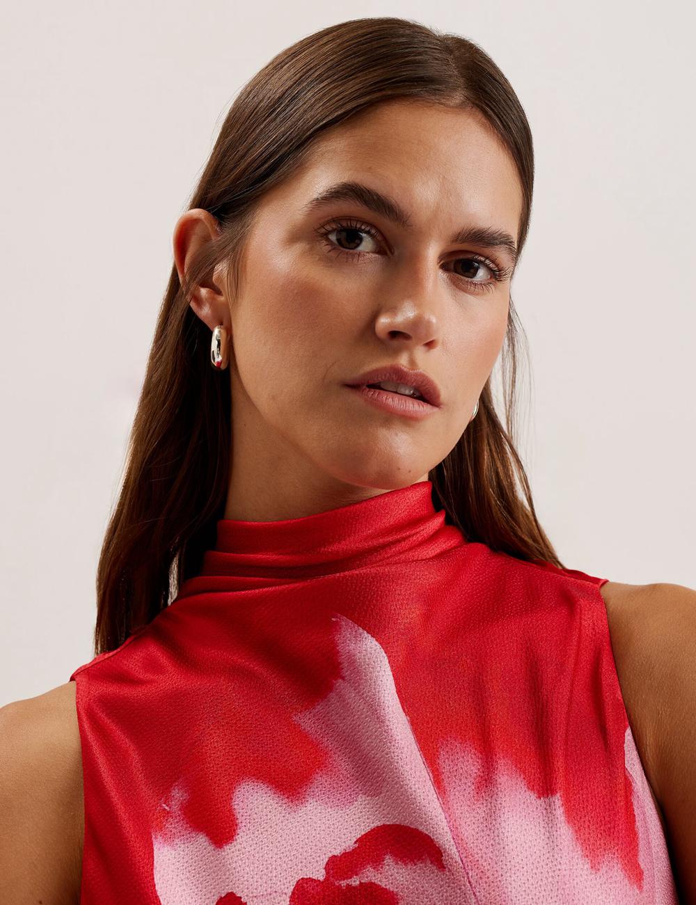 Red Ted Baker ALIARA - Floral Satin High Neck Sleeveless Women Midi Dresses | Canada  LWS-103984