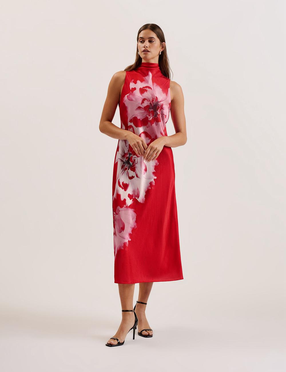 Red Ted Baker ALIARA - Floral Satin High Neck Sleeveless Women Midi Dresses | Canada  LWS-103984