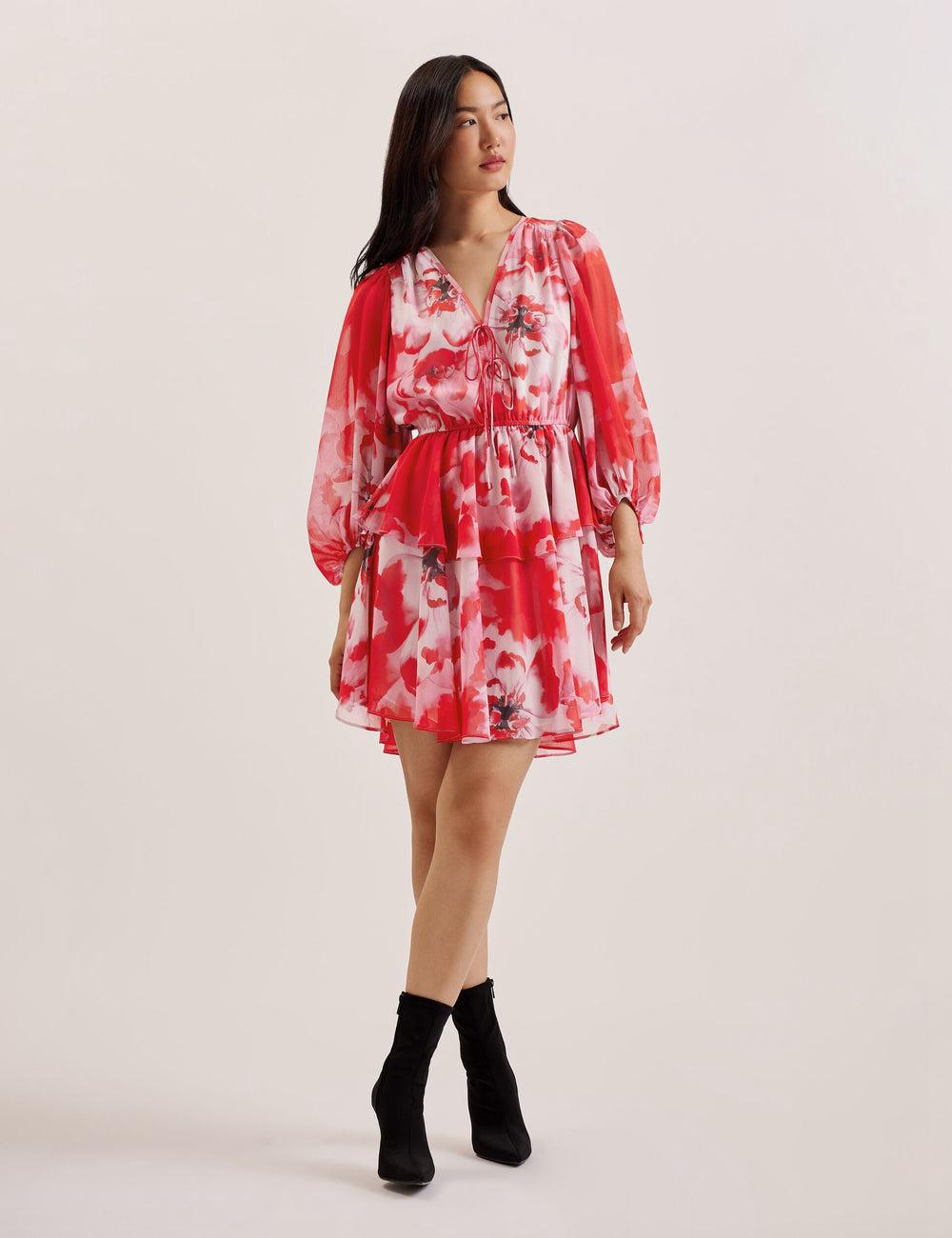 Red Ted Baker LEYNA - Floral Chiffon Front Women Mini Dresses | Canada  DEB-065927