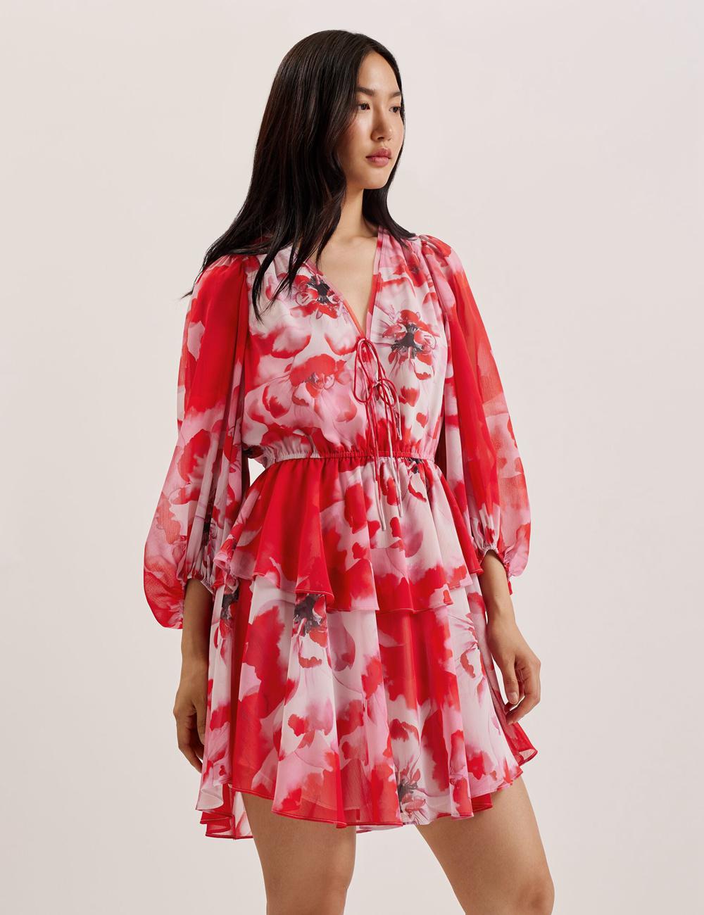 Red Ted Baker LEYNA - Floral Chiffon Front Women Mini Dresses | Canada  DEB-065927