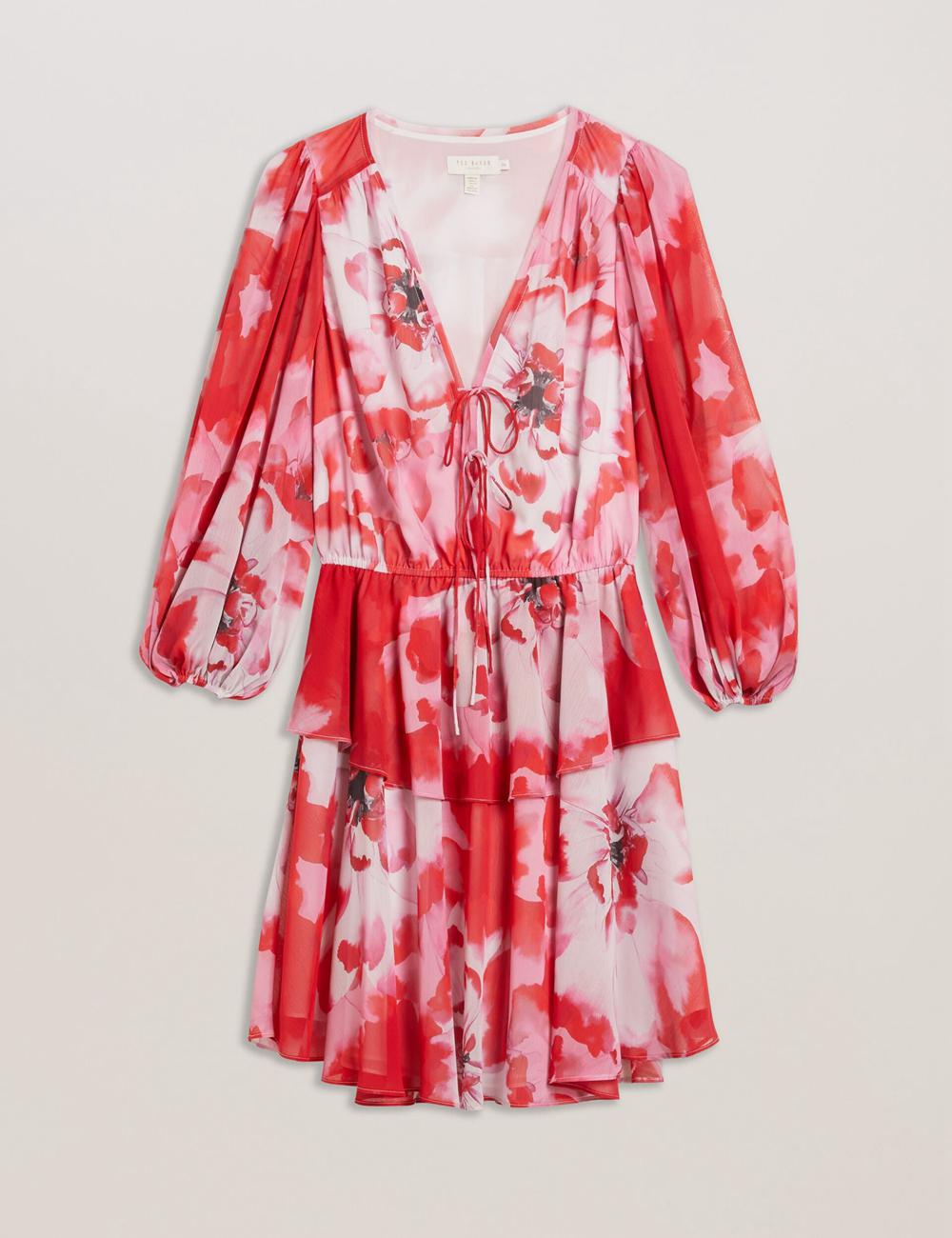 Red Ted Baker LEYNA - Floral Chiffon Front Women Mini Dresses | Canada  DEB-065927