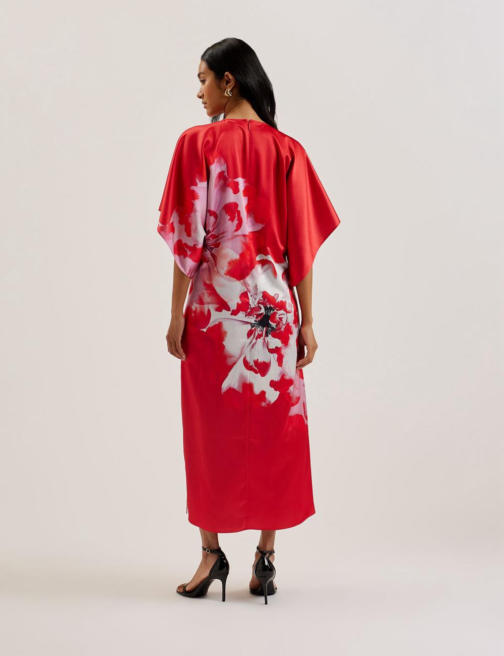 Red Ted Baker NASINU - Printed Satin Batwing Sleeve Women Midi Dresses | Canada  NBE-956038