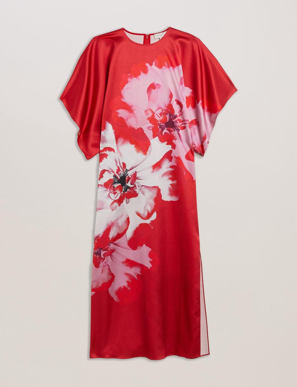 Red Ted Baker NASINU - Printed Satin Batwing Sleeve Women Midi Dresses | Canada  NBE-956038
