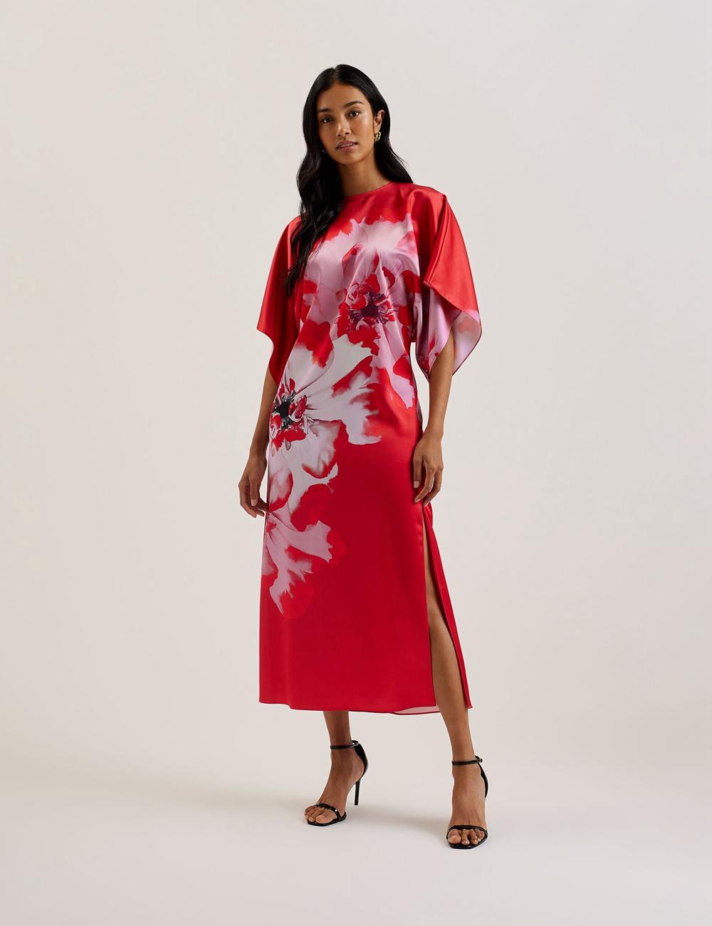 Red Ted Baker NASINU - Printed Satin Batwing Sleeve Women Midi Dresses | Canada  NBE-956038