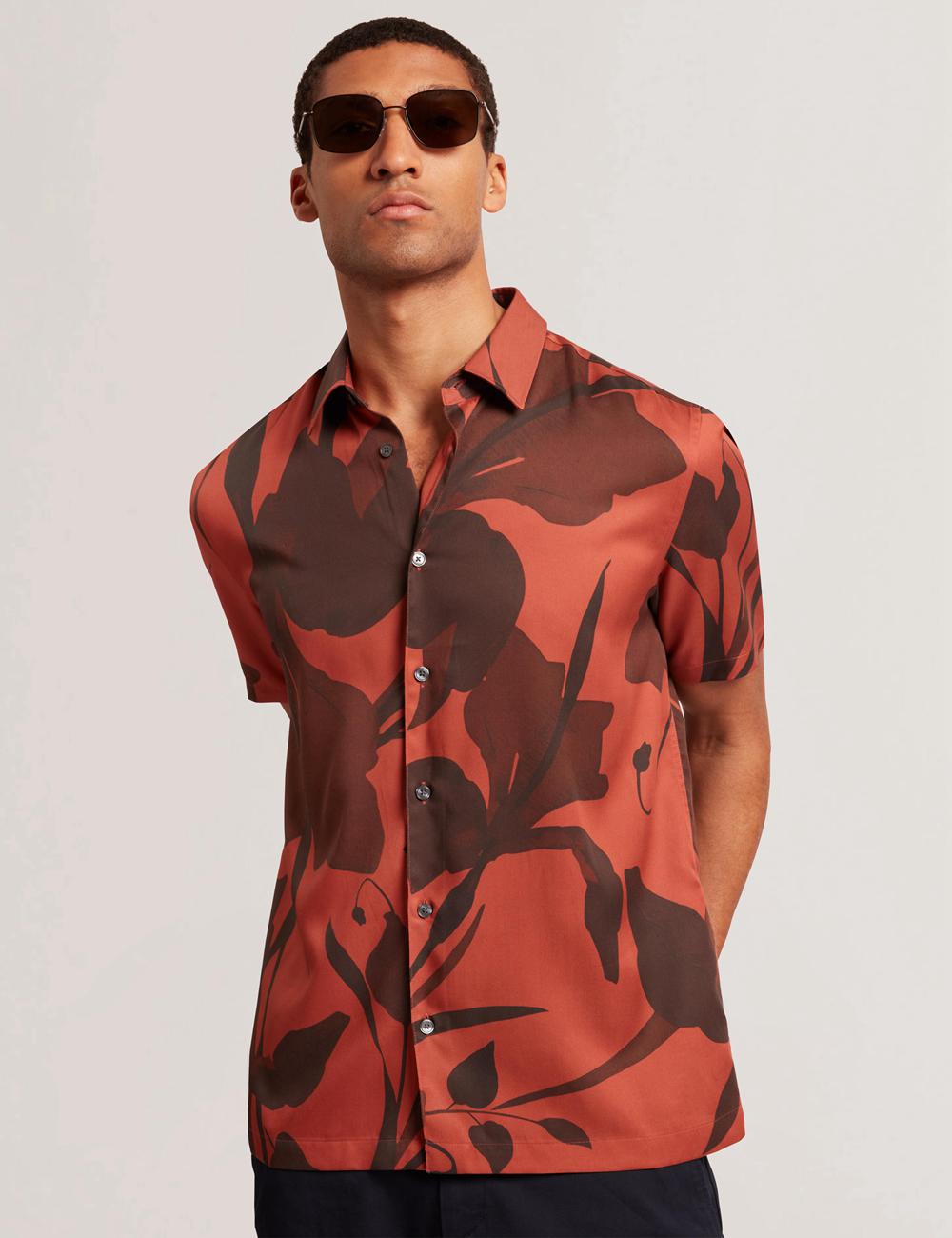 Red Ted Baker PINEDA - Short Sleeve Relaxed Floral Print Men Casual Shirts | Canada  XGA-869174