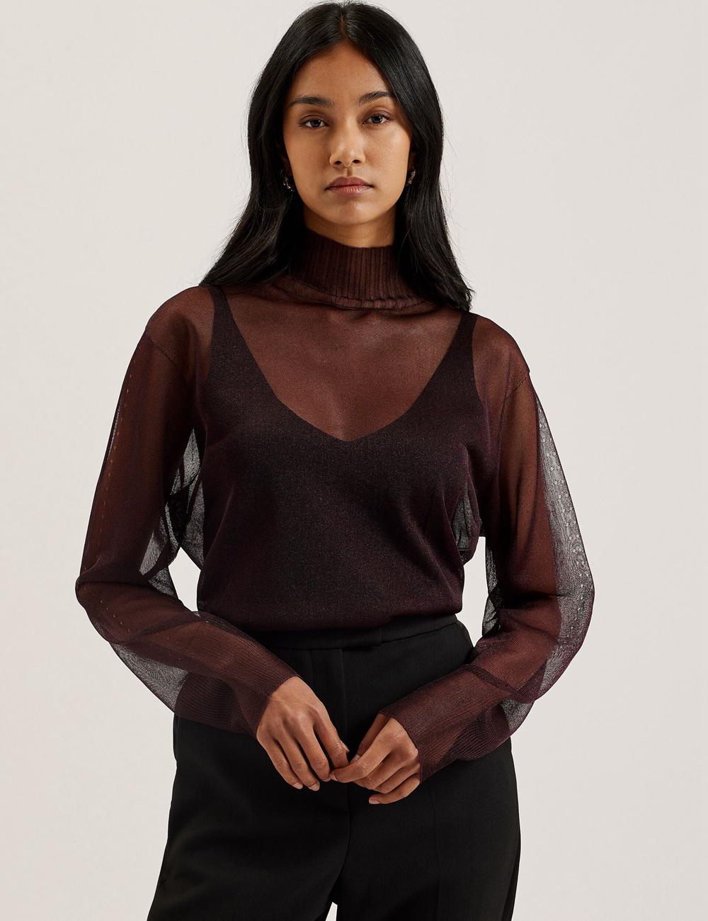 Red Ted Baker TAYLAW - Shimmer Sheer Knit Funnel Neck Top Women Jumpers | Canada  LTU-326091